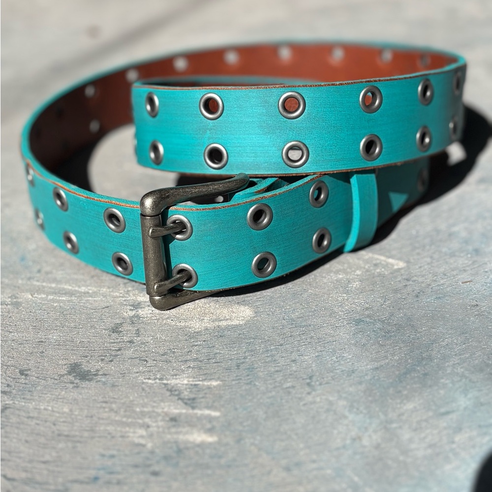 Gray Leather Double Hole Belt with Grommets/Eyelets